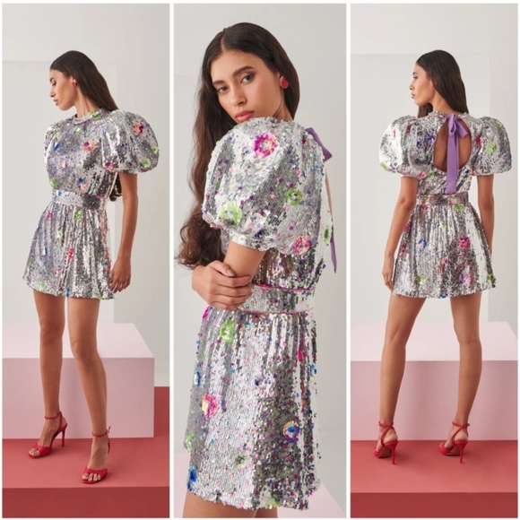 CeliaB Silver Sequin Mini Dress with Floral Accents - Picture 2 of 15